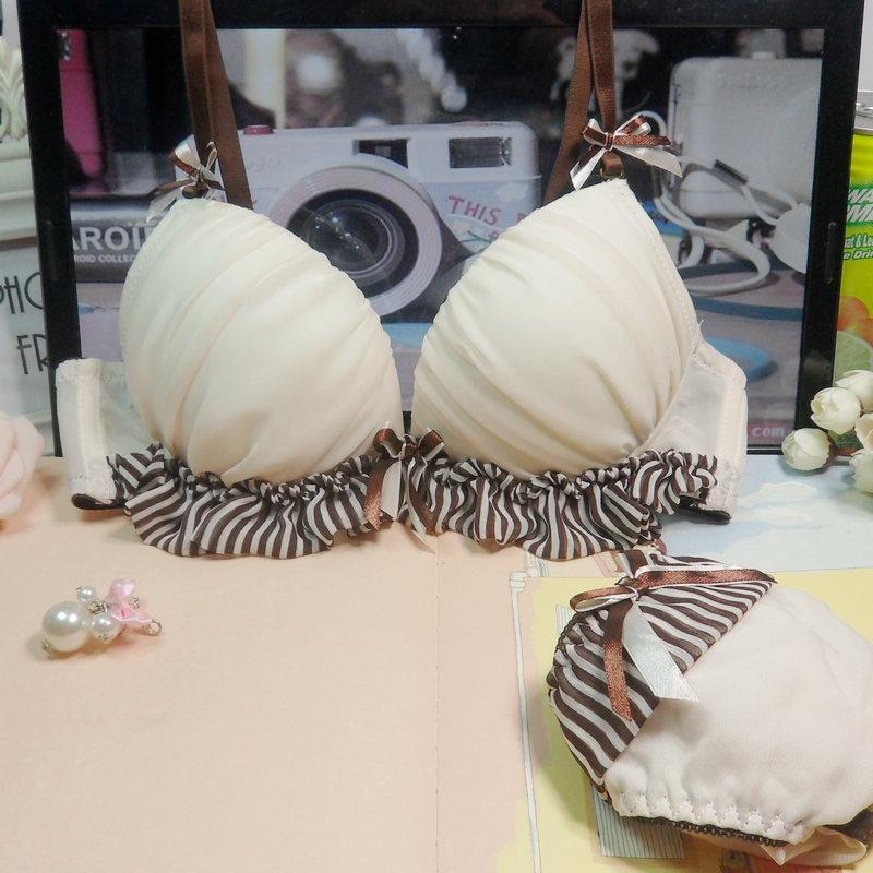 Chocolate princess . romantic sexy deep V-neck chiffon lace bar stripe ruffle bra cover underwear set