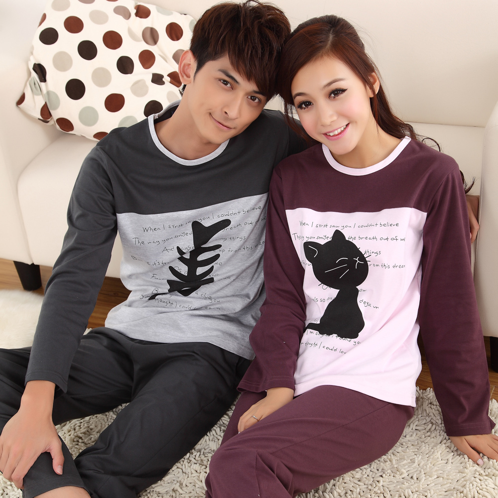 Chokecherry autumn cotton male women's long-sleeve lovers sleepwear lounge set cartoon cat fish casual