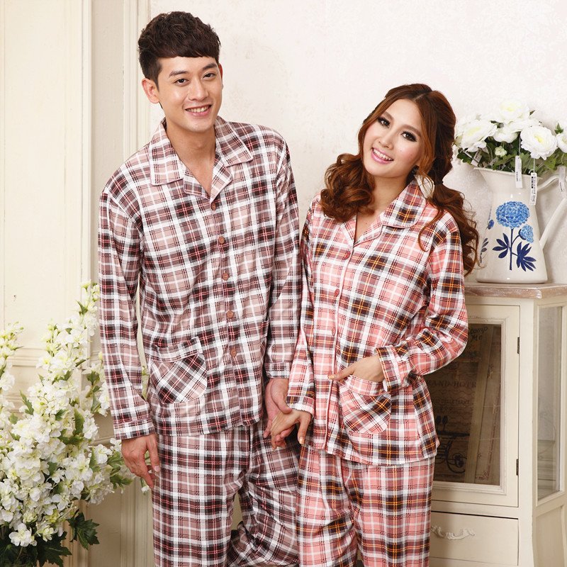 Chokecherry wire spring and autumn stripe lovers sleepwear female knitted cotton long-sleeve lounge female male sleep set