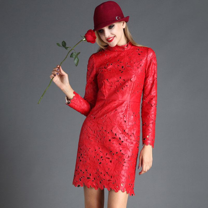 Christmas ! 2013 autumn and winter cutout leather skirt slim one-piece dress red clothing for women