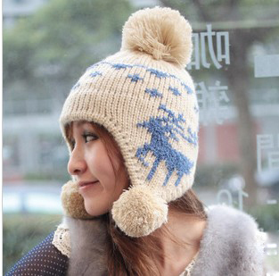 Christmas deer thermal ear protector cap female knitted hat autumn and winter large plush ball knitted hat