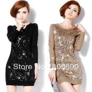 Christmas free shipping 2012 autumn/winter Kroean paillette long slim knitted pullover women dress sweaters