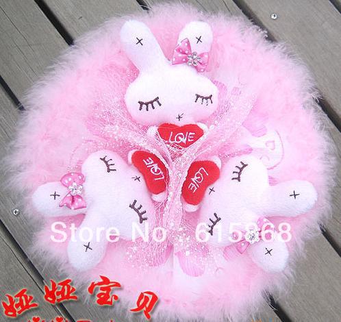 Christmas gifts Rabbit cartoon bouquet of pink three hug heart dried flowers fake bouquet free shipping ZA942