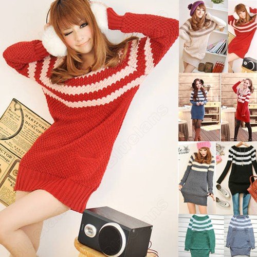 Christmas Gifts Vintage Womens Pineapple Pin Striped Long Sleeve Sweater Coat Long Tops Mini Dress Free Shipping 31201