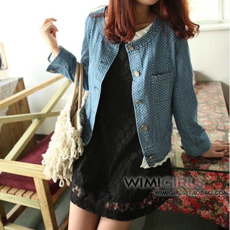 Christmas Special Free Shipping Autumn new arrival high quality polka dot exquisite o-neck denim long-sleeve short jacket female