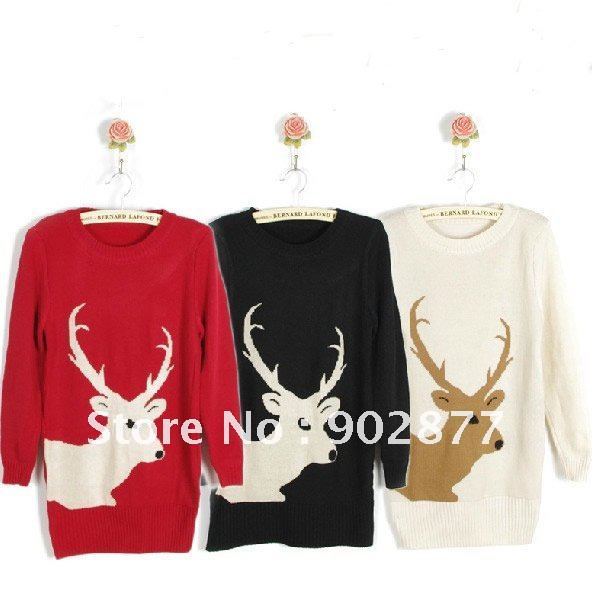 Christmas sweater, lovely Christmas deer / thick warm  /4 colour / elegant fashion long style ladies sweaters / free shipping