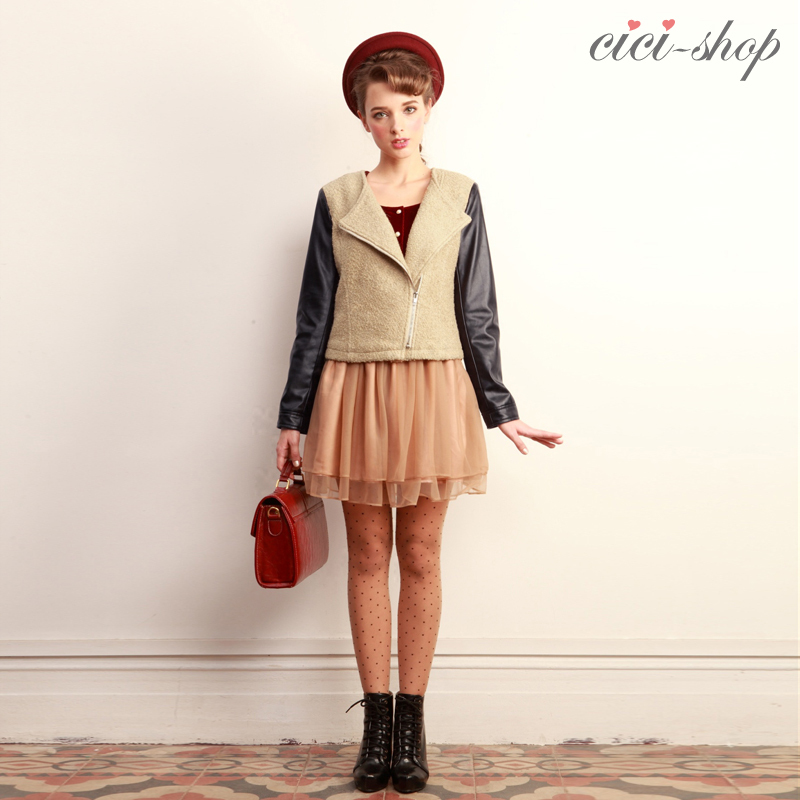 Cici-shop autumn and winter fashion leather o-neck wowed zipper long-sleeve short design outerwear 2677