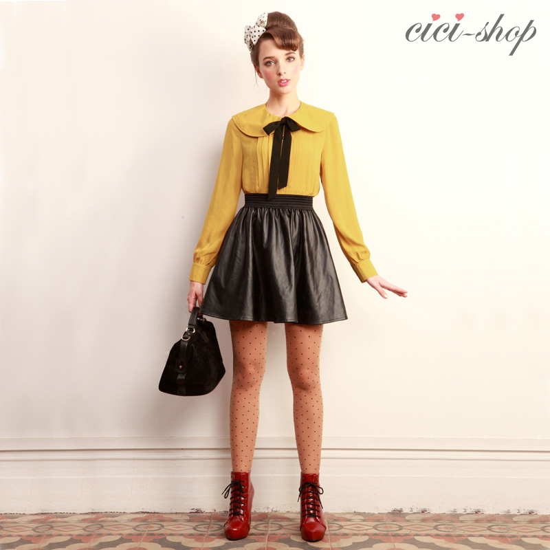 Cici-shop sweet high waist slim black leather skirt a-line skirt bust skirt 2809