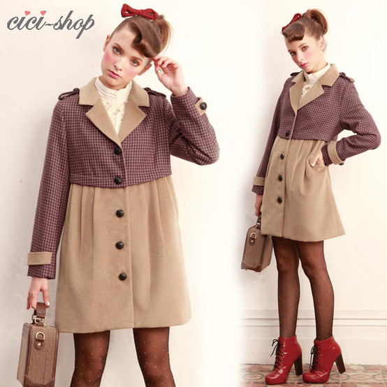 Cici-shop2013 spring sweet patchwork plaid high waist long-sleeve medium-long trench outerwear 2718