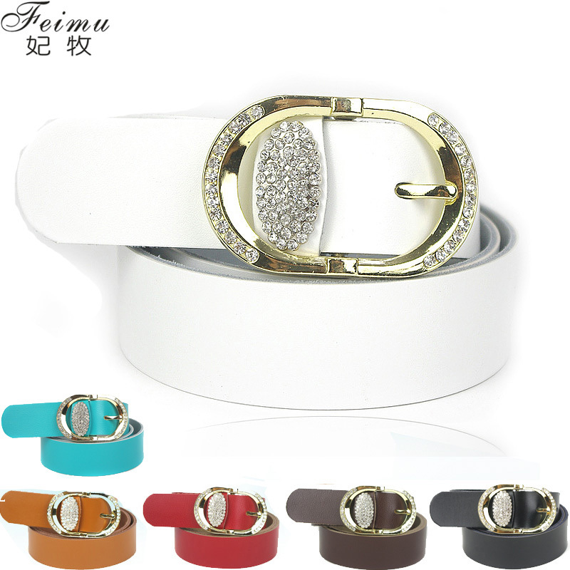 circle pin buckle belt rhinestone strap female fashion Women genuine leather