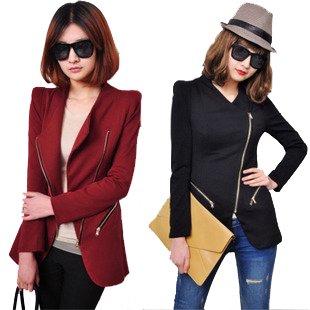 CJ387 DARK-GRAY BLACK WHITE BURGUNDY BLAZER JACKET LAPEL OBLIQUE ZIPPER 2POCKETS