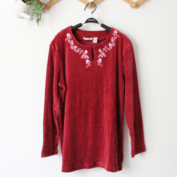 Claretred embroidery comfortable velvet low collar long-sleeve lounge top female autumn and winter