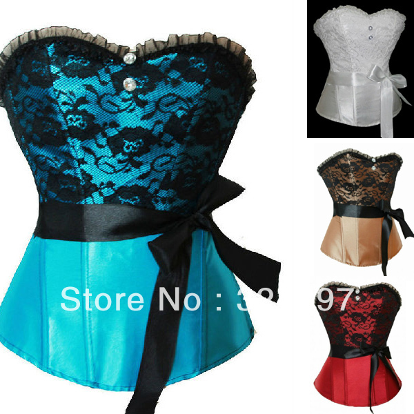 Classic 4 colors! Sexy Elegant Lace Overlay Satin Corset Bustier Lingerie Underwear Sleepwear  TOP S-2XL