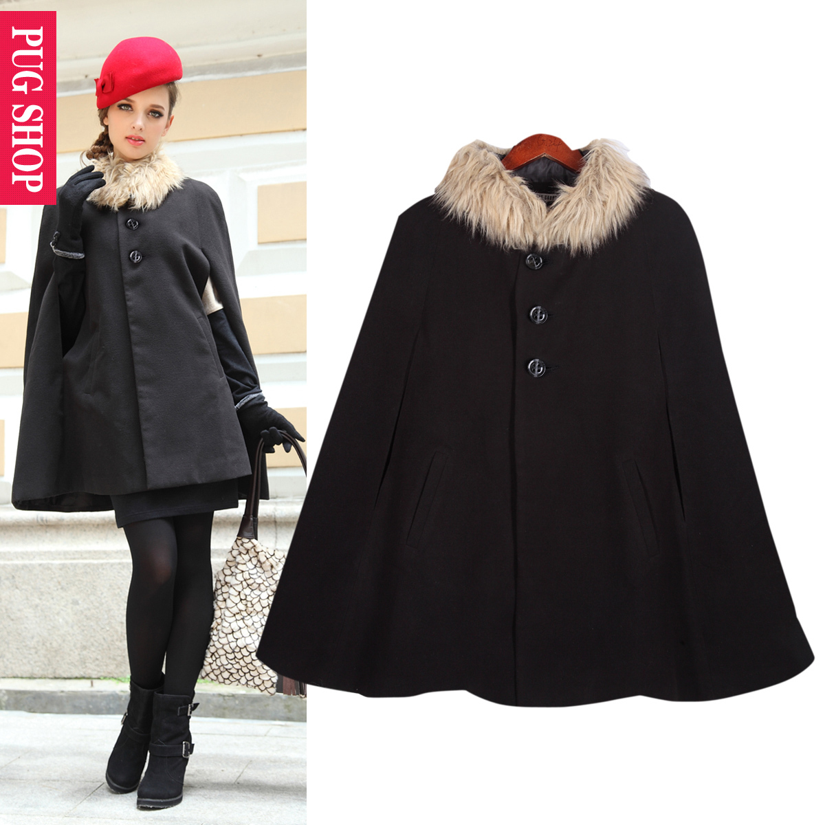Classic black small fur collar double faced kuruksetra cloak short jacket trench