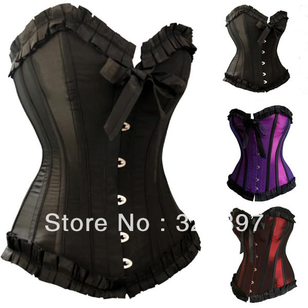 Classic Burlesque Satin Ribbon Lace up Boned Overbust Corset Bustier Lingerie S-2XL SEXY Showgirl lingerie Factory Supplier