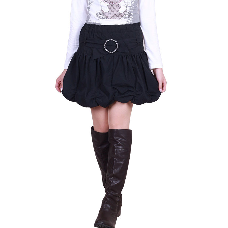 Classic casual black lantern skirt half-length puff skirt belt white short skirt