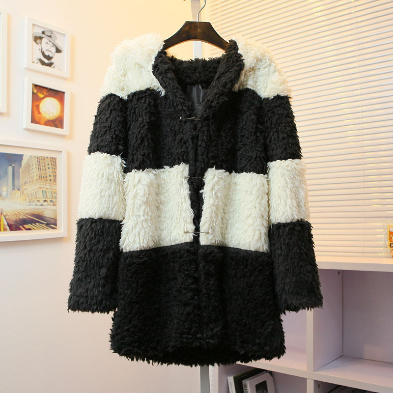 Classic color block decoration thermal outerwear long design thickening panda hat overcoat,women coat/ ladies outerwear