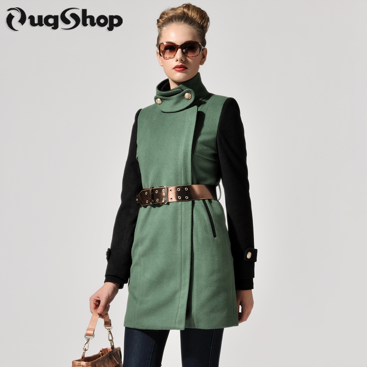 Classic color block woolen outerwear overcoat trench outerwear belt