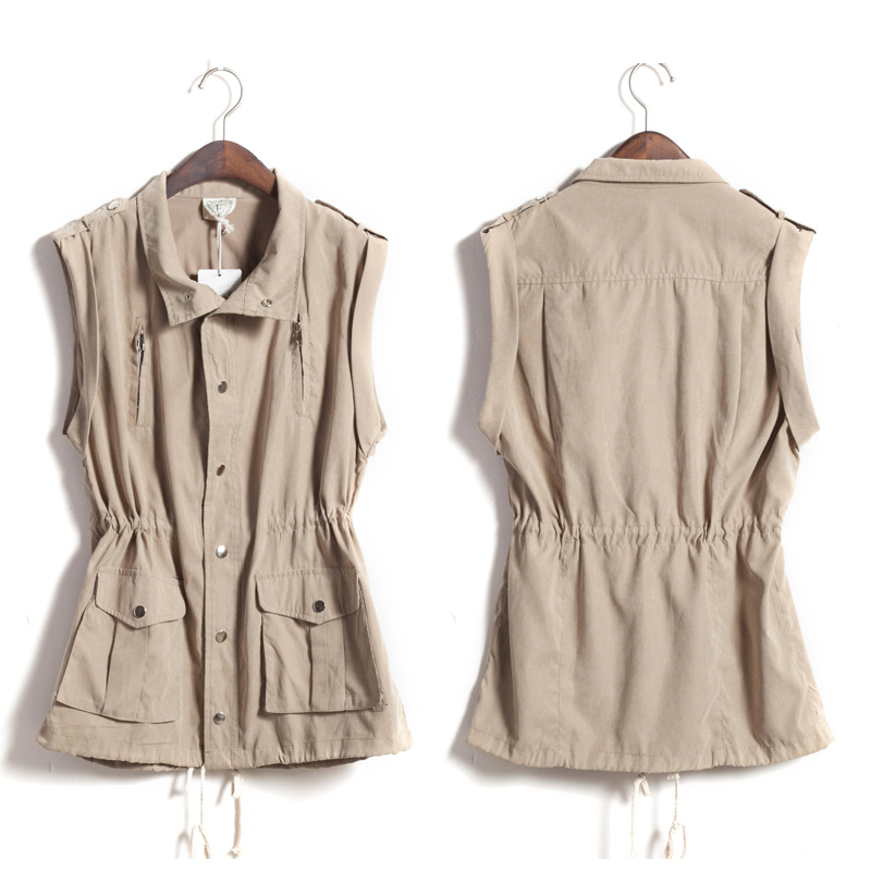 Classic fashion stand collar sleeveless drawstring round the waist slim waist medium-long women's trench female outerwear