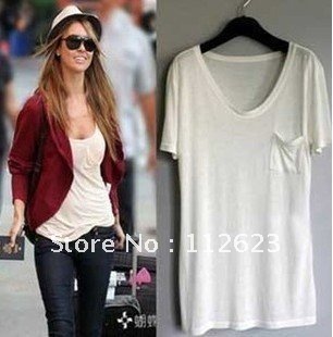 Classic female style loose modal pocket T-shirt  pure color O-neck base shirt