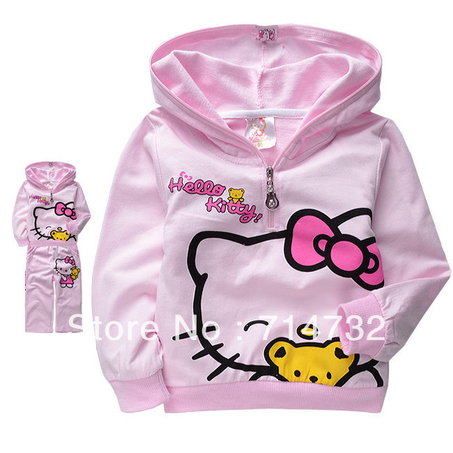 Classic Hot-selling Children's Clothing Cartoon Hello Kitty Loop Pile Trousers Long-sleeve Set Pink Suit Free shipping
