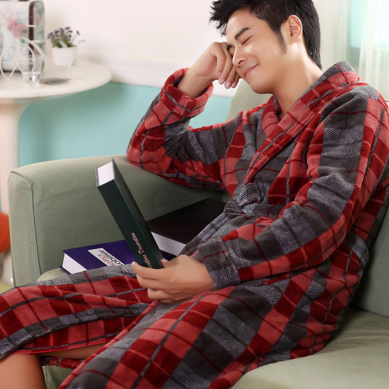 Classic plaid male coral fleece robe bathrobes thickening male flannel sleepwear