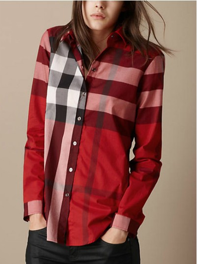 classic plaid shirt woman long-sleeved shirt red and blue 2 color free shipping