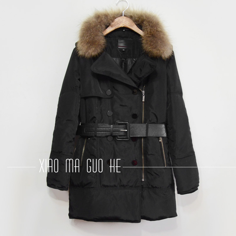 Classic style black trench raccoon fur belt down coat 450