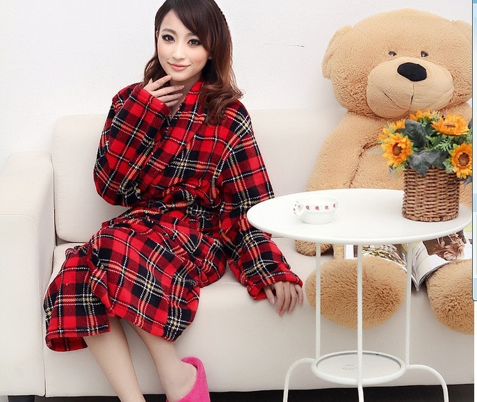 Classical grid bath robe coral fleece pajamas gown soft thick pajamas wholesale