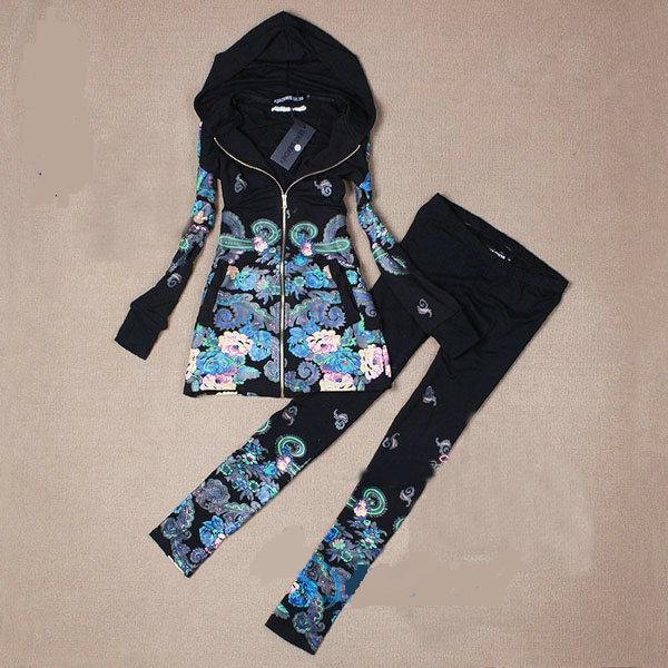 Classical printing lady grows torso-hugging long-sleeve suit gray black blue