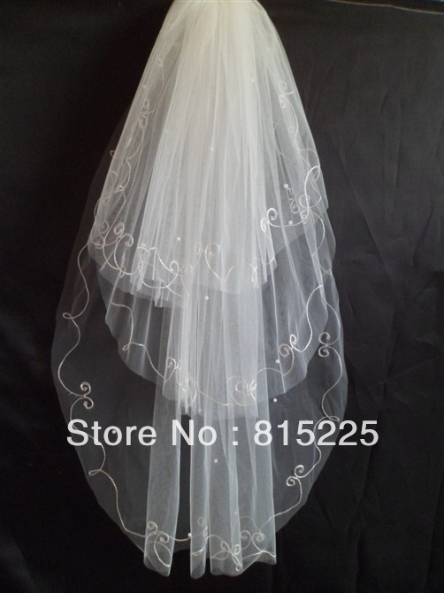Classy Custom Made Free Shipping Wedding Veils Bridal Veils Accessories Decoration Ribbon Edge Beaded Tulle Fabric Three Layer