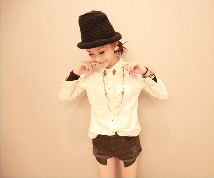 Clothes 2012 fashion collar skull decoration unique all-match white denim shirt