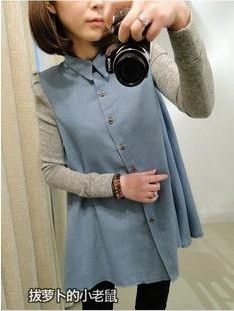 Clothes spring 2013 pads puff sleeve small lapel fashion color block denim long-sleeve shirt cute shirt