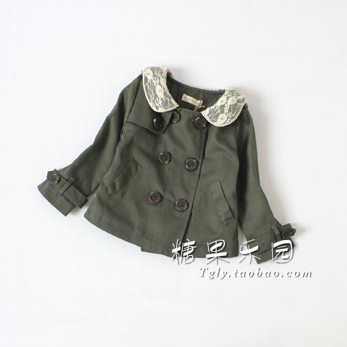 Clothing 100% cotton short design trench flannelet lining lace small lapel double breasted olive beige thick lining