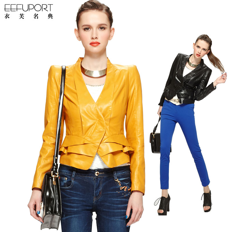 Clothing 1994 justmode2013 spring fashion ruffle slim faux leather clothing outerwear female long-sleeve free ship