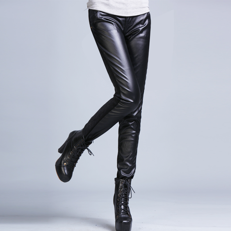 Clothing 2013 PU pants denim patchwork leather pants plus velvet thick legging 2