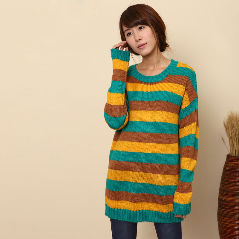 Clothing 2013 women's fresh all-match color block stripe long sweater free shipping