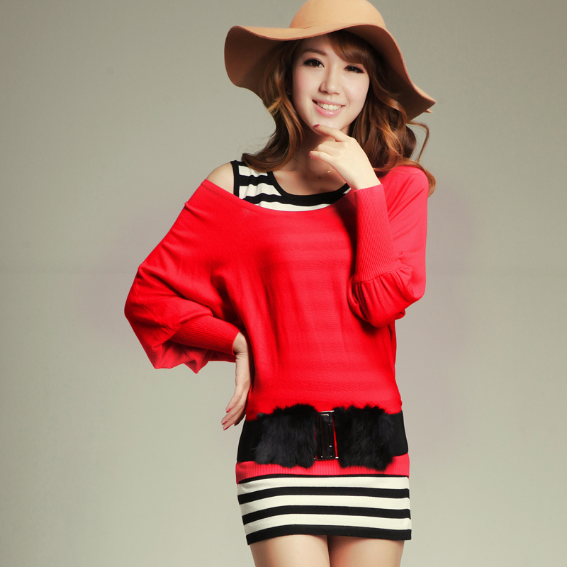 Clothing elegant batwing sleeve can be strapless twinset one-piece dress stripe sweater