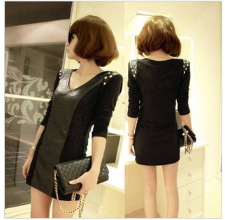 Clothing fashion autumn and winter slim punk lace patchwork rivet long-sleeve leather one-piece dress
