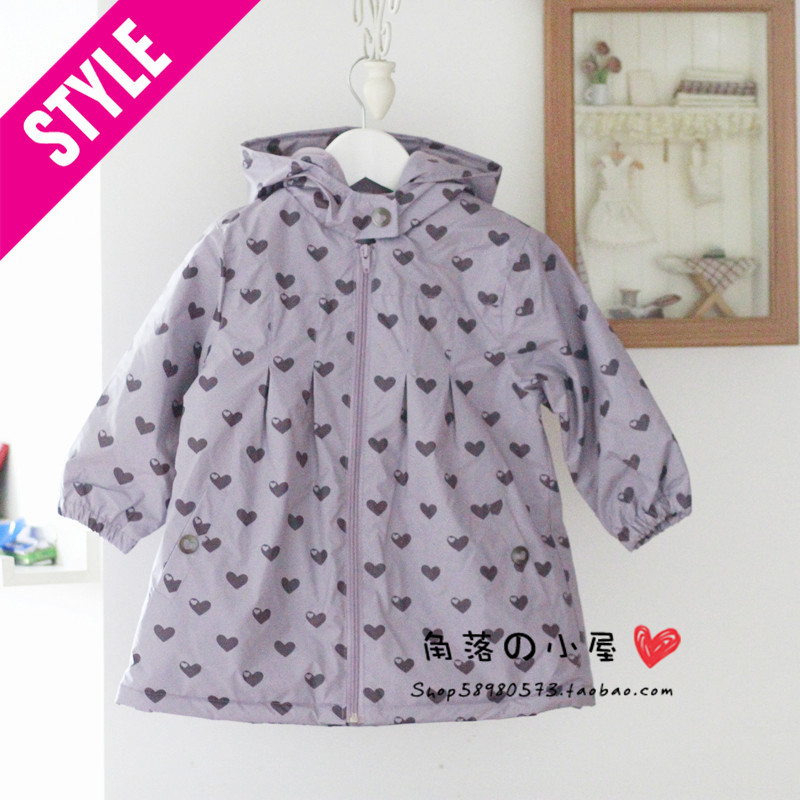 Clothing female child medium-long purple love outerwear windproof rainproof with a hood zipper sweater