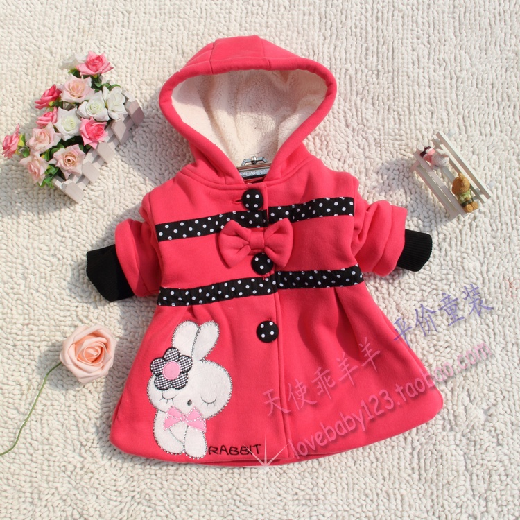 Clothing female child outerwear 2013 Spring autumn 100% cotton velvet Sweet rabbit baby small trench female child overcoat dress