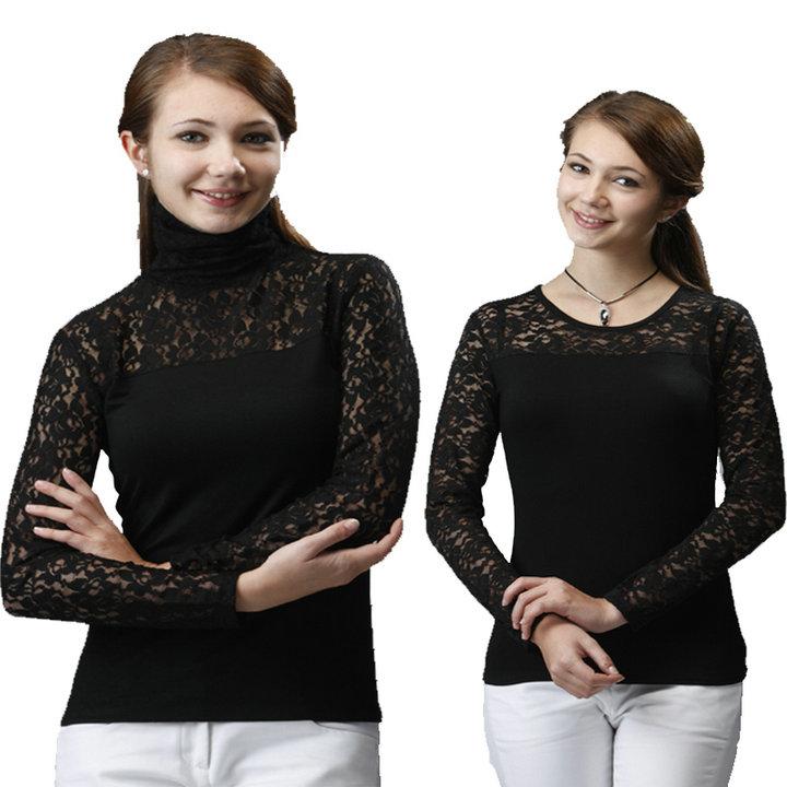Clothing fritteringthe autumn gauze basic shirt lace turtleneck black shayi basic long-sleeve female 1235