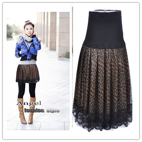 Clothing Leopard Print PU Leather Skirt Lace Outside Diamond Ornament Black Mini Skirt for Women Autumn&Winter