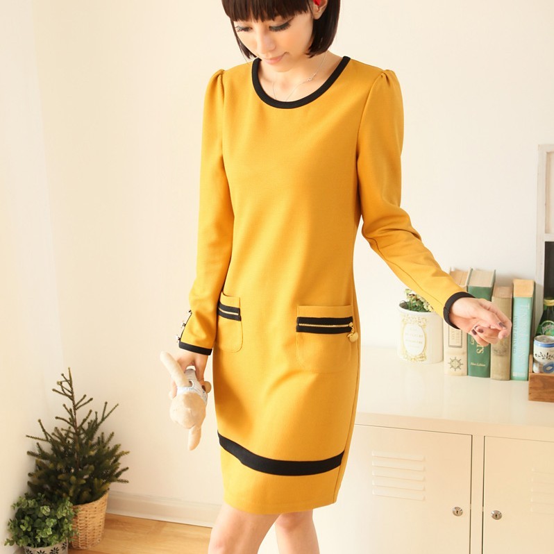 Clothing mm autumn new arrival elegant color block decoration slim one-piece dress plus size autumn dress xl4315