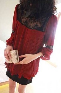 Clothing spring leather small lapel sexy black lace patchwork chiffon one-piece dress 220