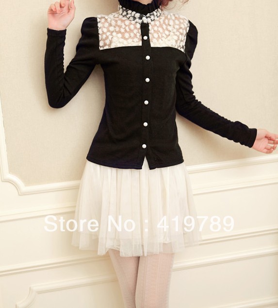 Clothing sweet gentlewomen slim top stand collar laciness lace before and after the excellent autumn
