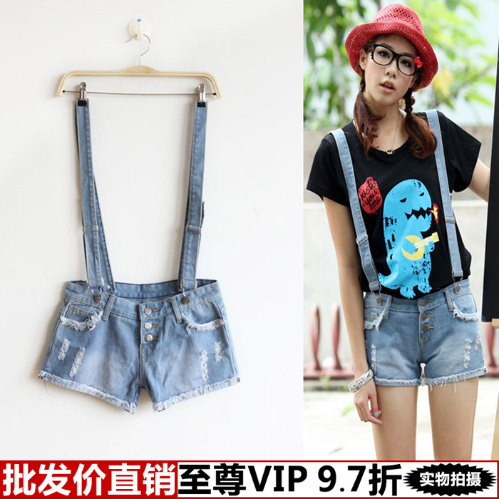 Clothing yi clothes clothing in  low-waist distrressed retro finishing water wash female denim bib pants shorts