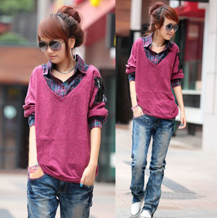 Clothing YISHION autumn women's long-sleeve faux two piece plaid shirt female top outerwear