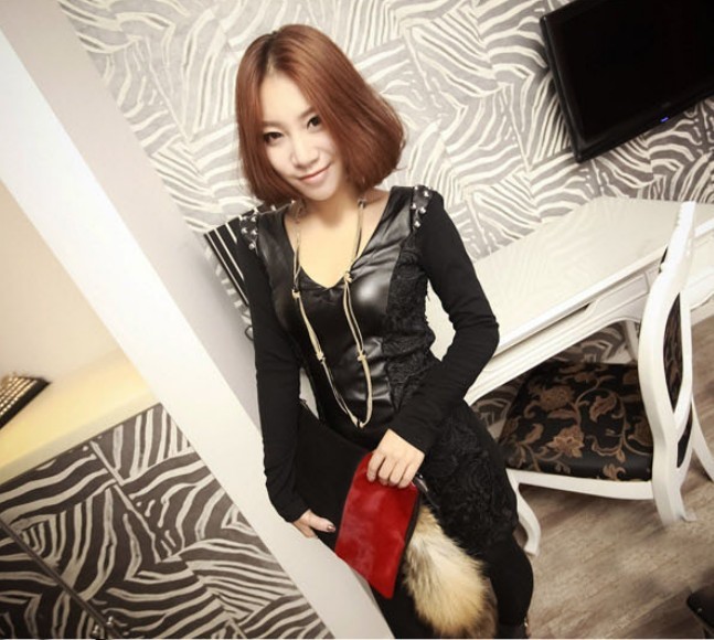 club dress women vintage dress slim punk rivet dresses leather lace skirt long sleeve ja711
