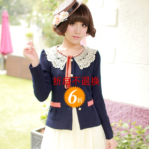 Coco-shop 2012 autumn and winter lace peter pan collar lacing bow slim coat color block